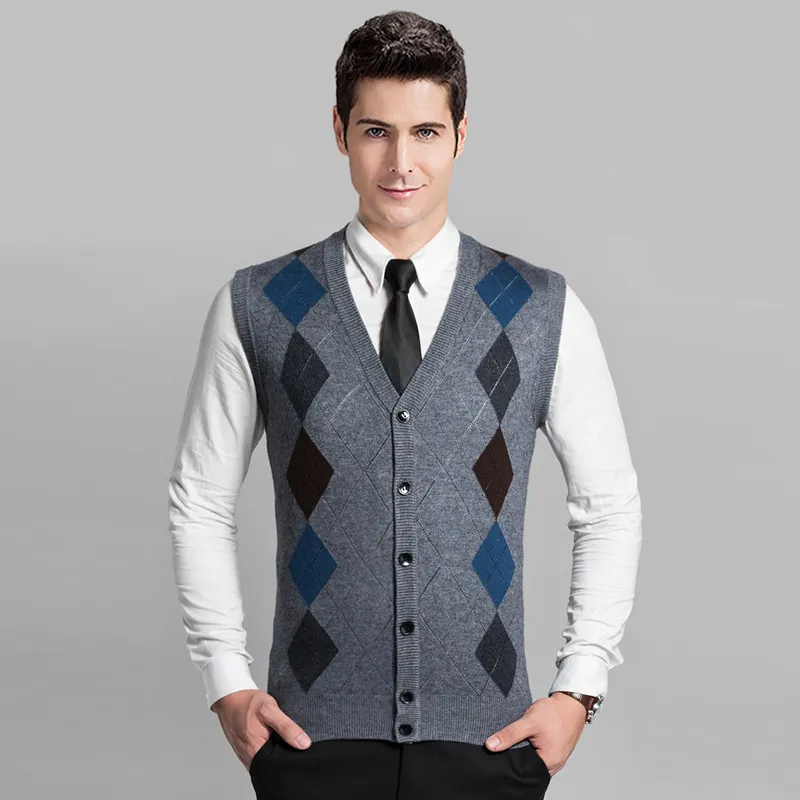Men's Argyle Sweater Vest - V-Neck Button Cardigan, Sleeveless Knit Vest With Pocket