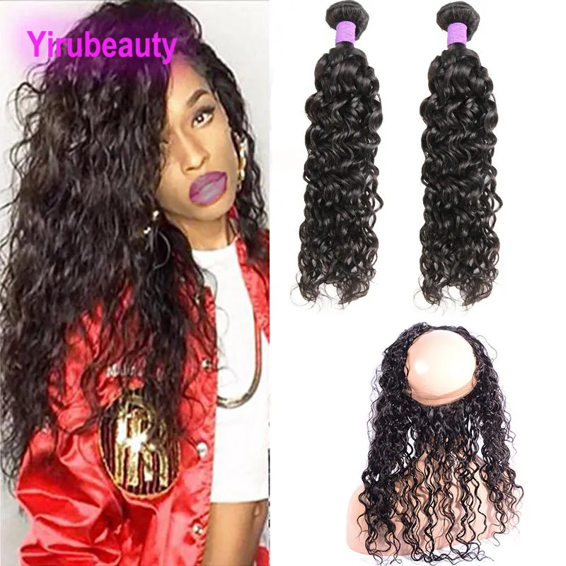 Indian Water Wave Unprocessed Human Hair Bundles With Lace Frontal 360 Frontal Free Part Natural Color 10-30inch Water Weaves Hair Product