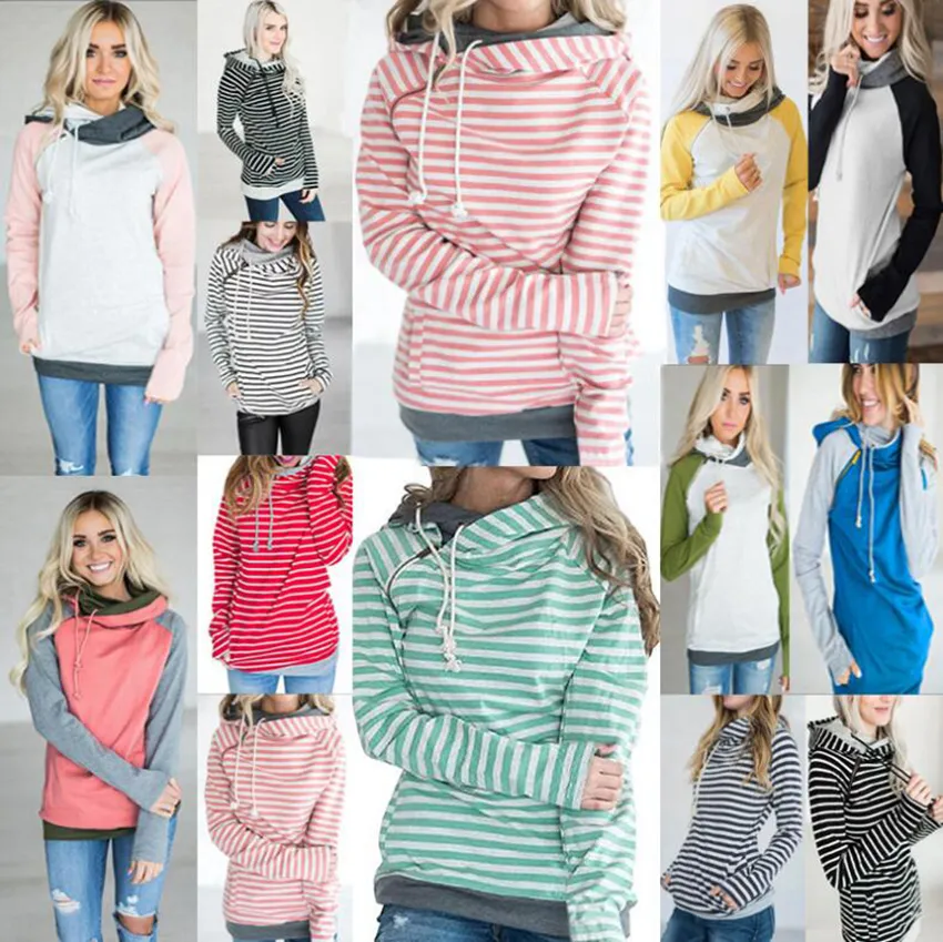 Moda-mulheres bolso patchwork hoodie 16 estilos outono inverno moletom com capuz manga longa listrado tops ljjo7132