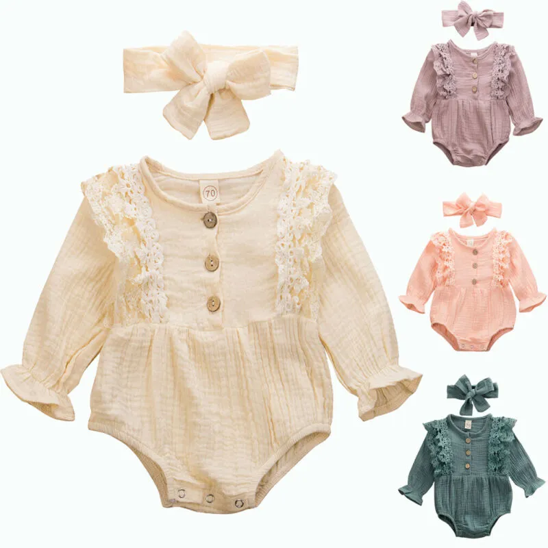 Emmababy 2PCS Newborn Infant Kid Baby Girl Long Sleeve Lace Patchwork Bodysuit Jumpsuit Playsuit Clothes+Headband Autumn