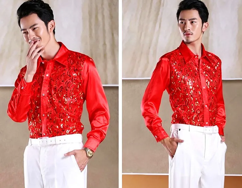 Red Sequin Glitter Shirt Men Long Sleeve Button Down Stage Prom Dress Shirts Mens Dance Host Chorus Shirt Male Chemise Homme 2XL275F