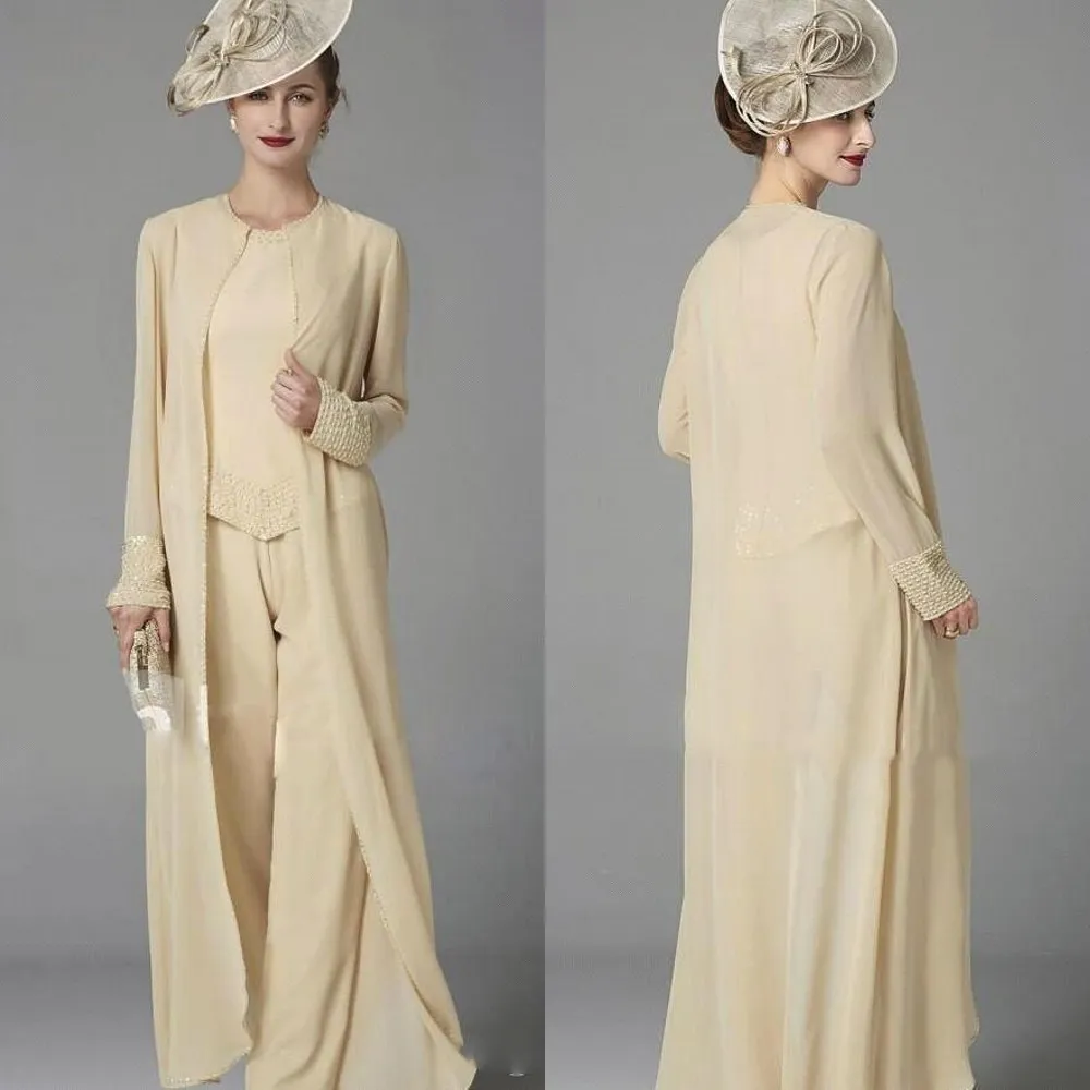 2020 Cristal Mère de mariée Costumes Trois Pièces Avec Veste Wraps Plus La Taille En Mousseline De Soie Jewel Cou Manches Longues Invité De Mariage Mères Pantalon Costume