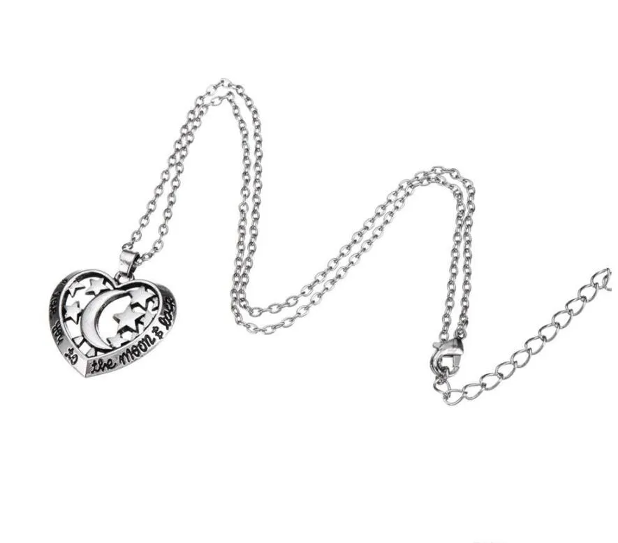 GX082 Simple Design Gegraveerde I Love You To The Moon en Back Hollow Heart Shape Charm Lobster Clasp Link Chain Sliver Color Pendant Necklace