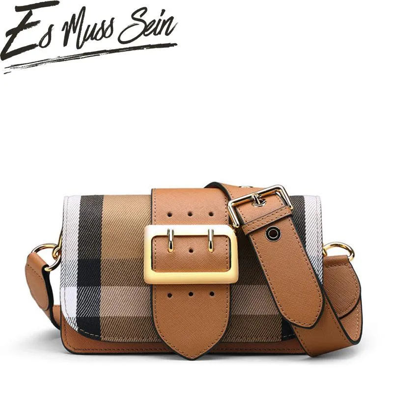 EsMussSei Famous Band Women Evening Bags Plaid Pattern Color Block Bag Golden Buckle Small Wide Shoulder Handbag Messenger Lady