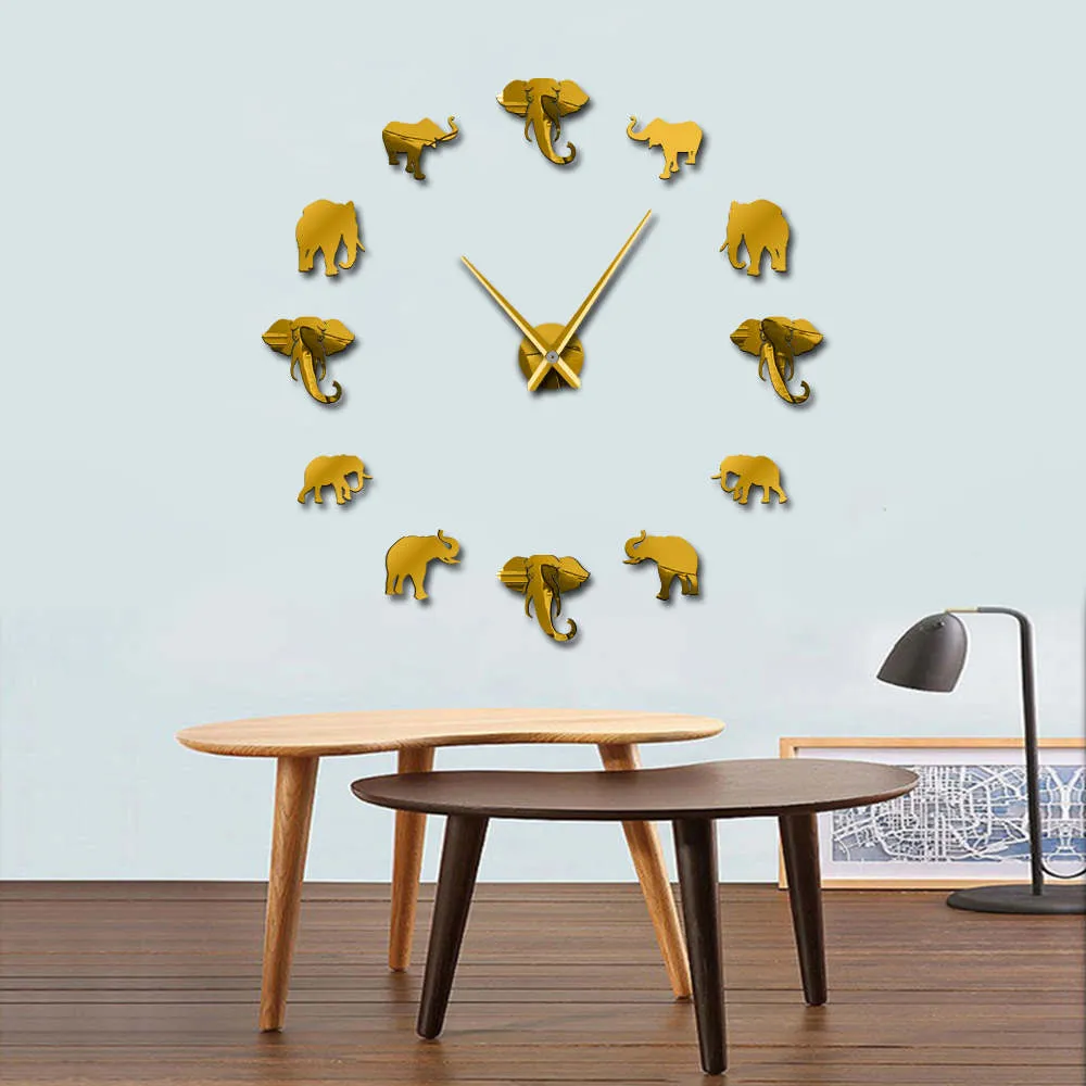 Nieuw ontwerp 37 inch jungle dieren olifant diy grote wandklok home decor spiegel effect gigantische frameloze olifanten diy klok horloge