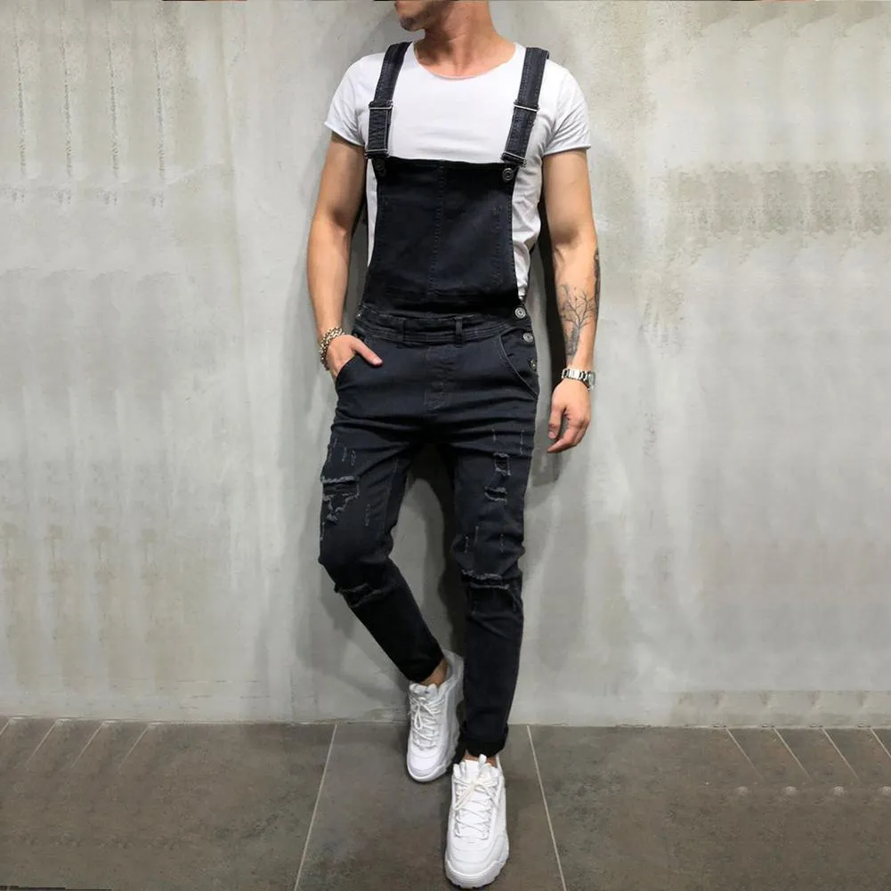 YFashion Män Distressed Denim Pants Mens Carpenter Overaller Bib Jumpsuits Moto Biker Jean Byxor Jeans Homme Fashion Streetwear