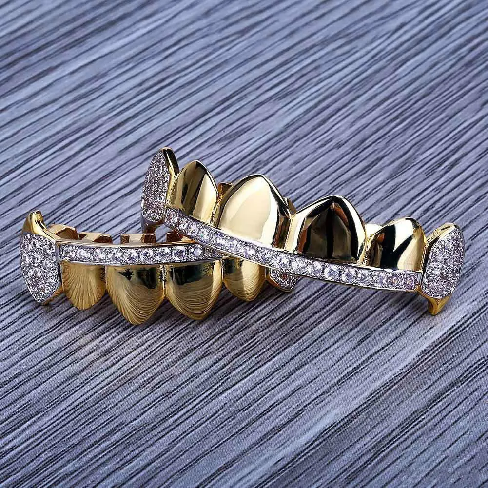 18K Real Gold Teeth Grillz Caps Iced Out Top Bottom Vampire Fangs Dental Grill Set Wholesale