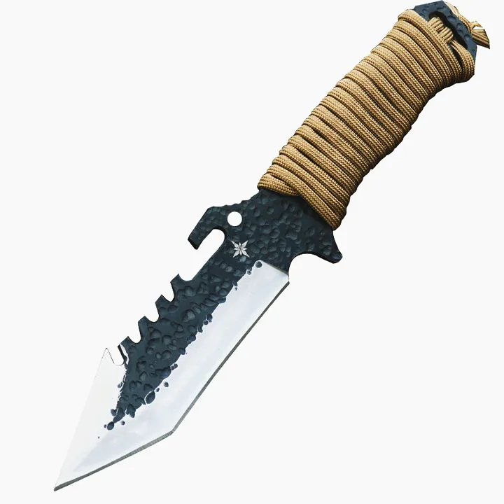 Cuchillo recto de supervivencia al aire libre de alta calidad 440C Satin Tanto Blade Full Tang Paracord Handle Cuchillos de hoja fija con funda de cuero