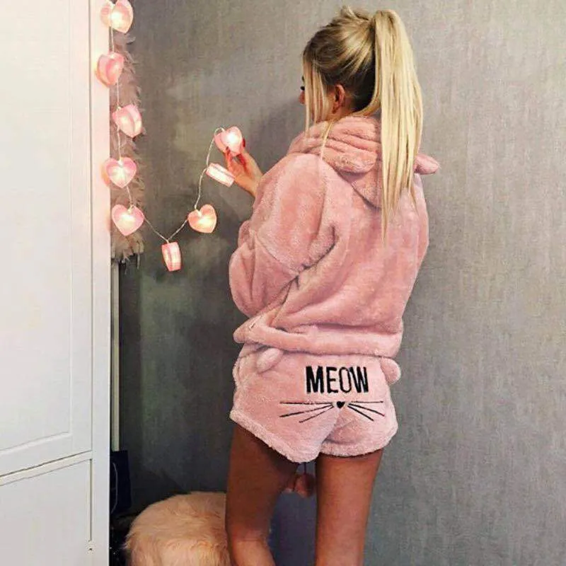 Women Winter Cute Meow Pajamas Pink Purple Sweet Hoodies And Shorts Fluffy Warm Suits Free
