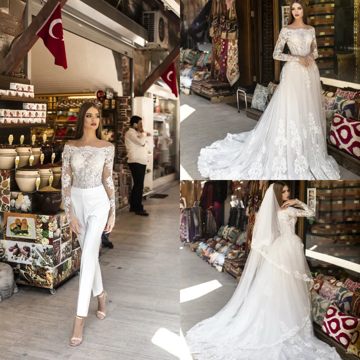 2020 Chic Wedding Jumpsuit With Detachable Overskirts A Line Sweep Train Beach Wedding Dress Lace Appliqued Cheap Long Robes De Mariée