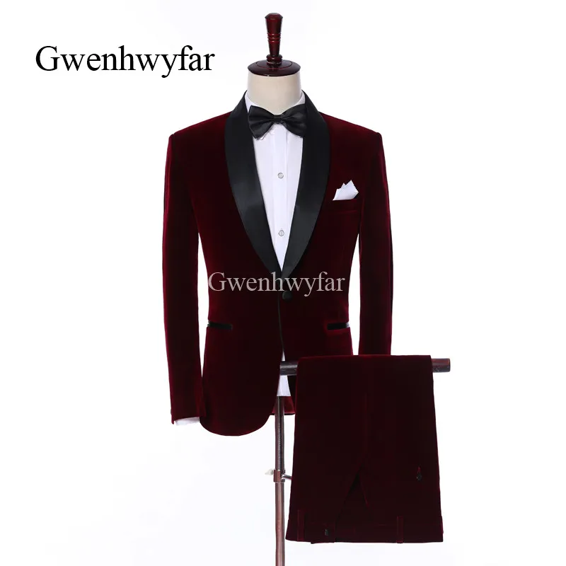 Gran oferta, trajes de hombre de terciopelo rojo vino para ropa de hombre, 2 Psc, traje de boda con solapa en pico, pantalones negros de estilo clásico, esmoquin para trajes de fiesta