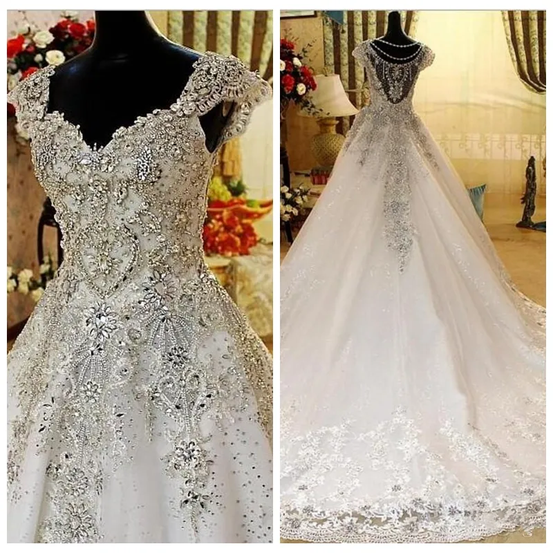 Real Pos Tulle Une ligne robe de mariée col en V Bling perles pas cher robes de mariée vintage robes de mariée 2019 Nigeria abito da sposa289S