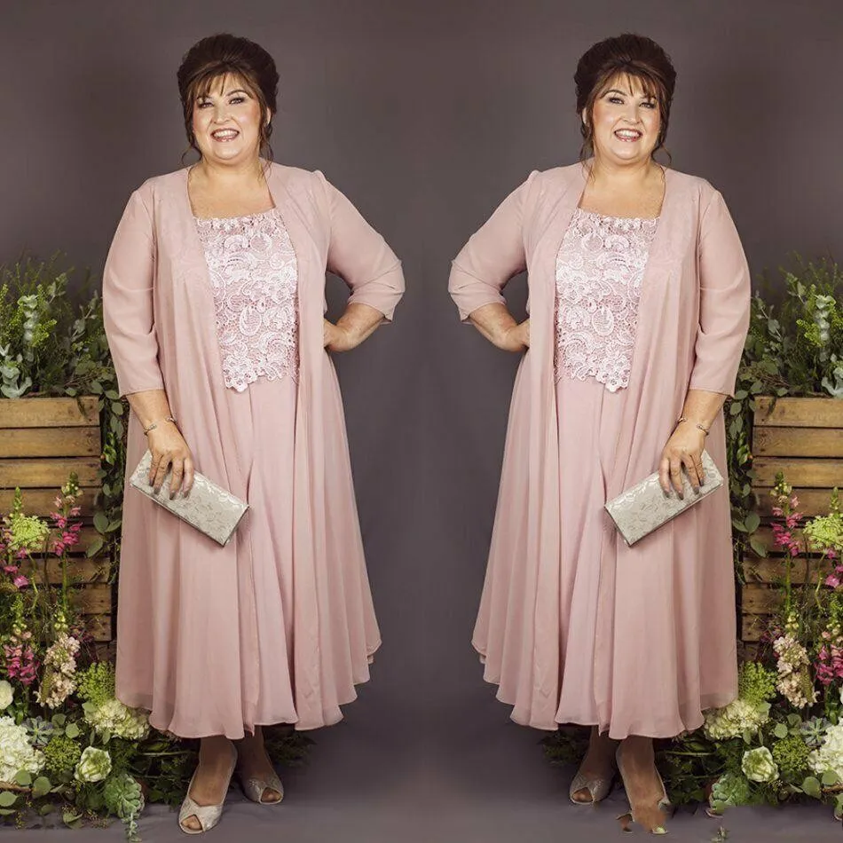 Nieuwe Vintage Moeder van de Bruid Jurken Met Jasje Enkellange Kant Applicaties Chiffon Plus Size Bruiloft Gast Jurk Prom Avondjurken