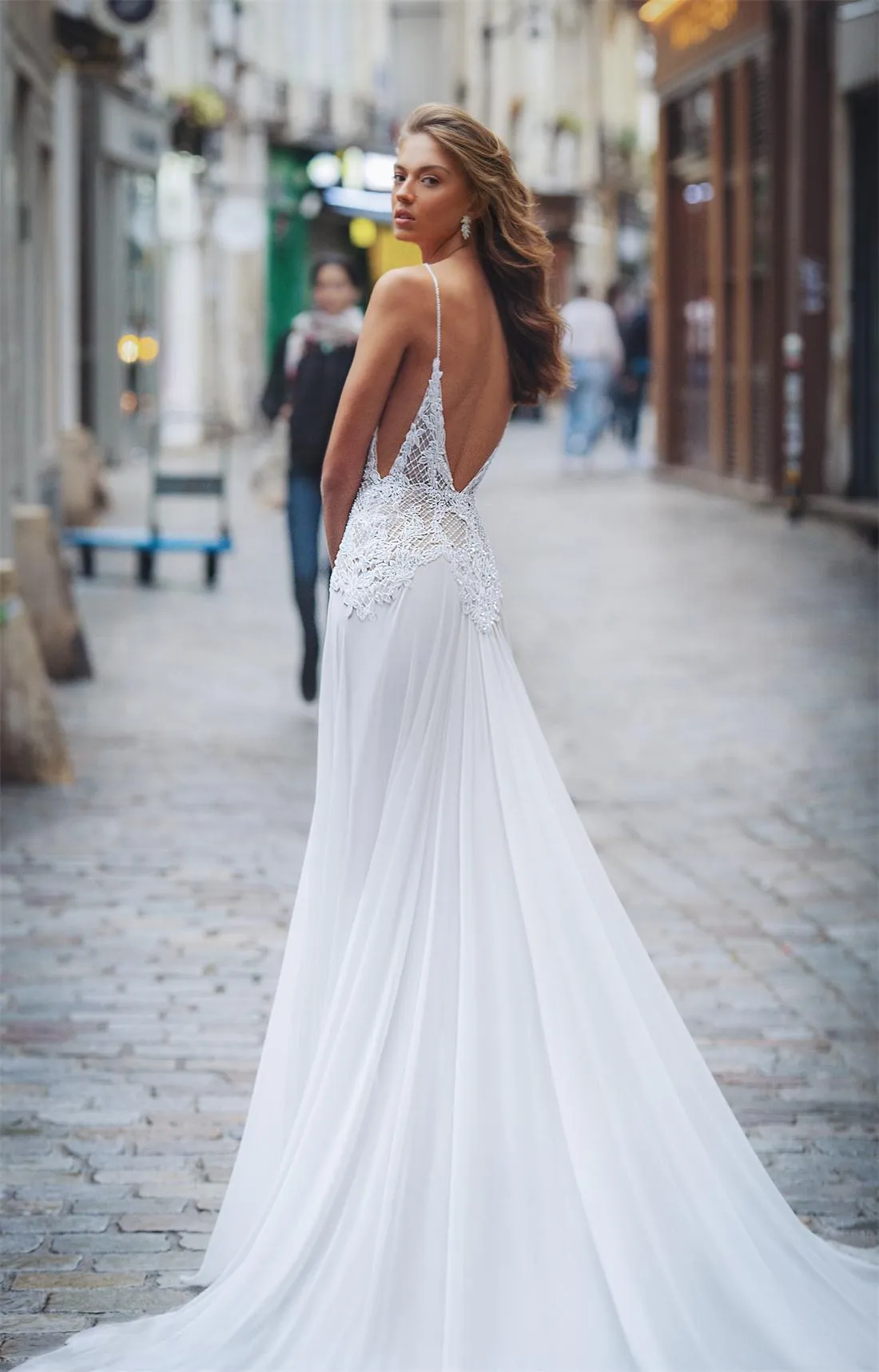 Boho Lace Applique Beach Wedding Boho Wedding Dress with Spaghetti Strapless Thigh High Slits - Robe de Mariee
