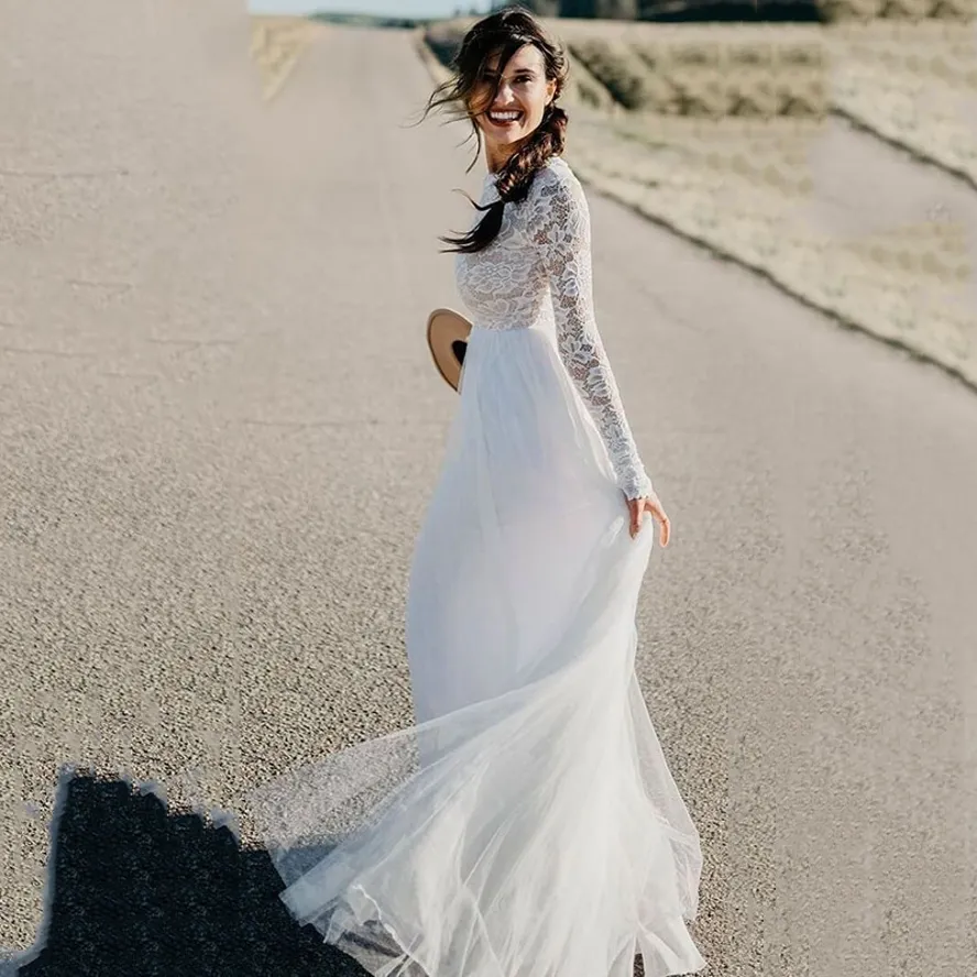 Abito Da Spiaggia Modesto In Pizzo Tulle Bianco A Maniche Lunghe Abito Da  Sposa Bohémien Abiti Da Sposa Eleganti E Modesti Da 72,7 € | DHgate, image size:888x888