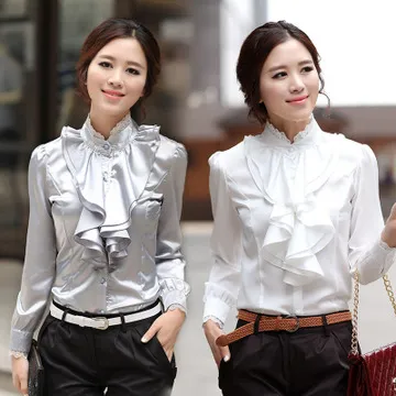 Kvinnor Blus 2020 Patchwork Elegant Arbete Ruffle Blusas Mujer Långärmad Kvinnor Toppar Casual Ladies Shirt Stand Collar