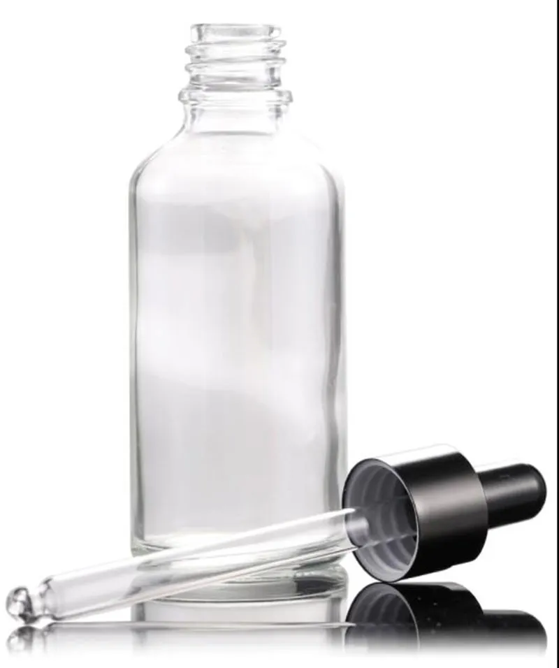 Commercio all'ingrosso Clear 5ml 10ml 15ml 20ml 30ml 50ml 100ml Bottiglie di vetro Olio essenziale Cosmetici per la cura della pelle Bottiglie di vetro con tappo contagocce nero