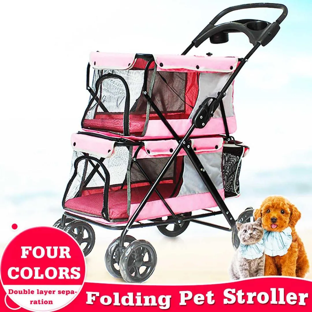 Carrinho de estimação portátil portátil de 4 rodas portátil de 4 rodas para 2 cães com carrinhos de gatos duplos de grande espaço, viagens ao ar livre