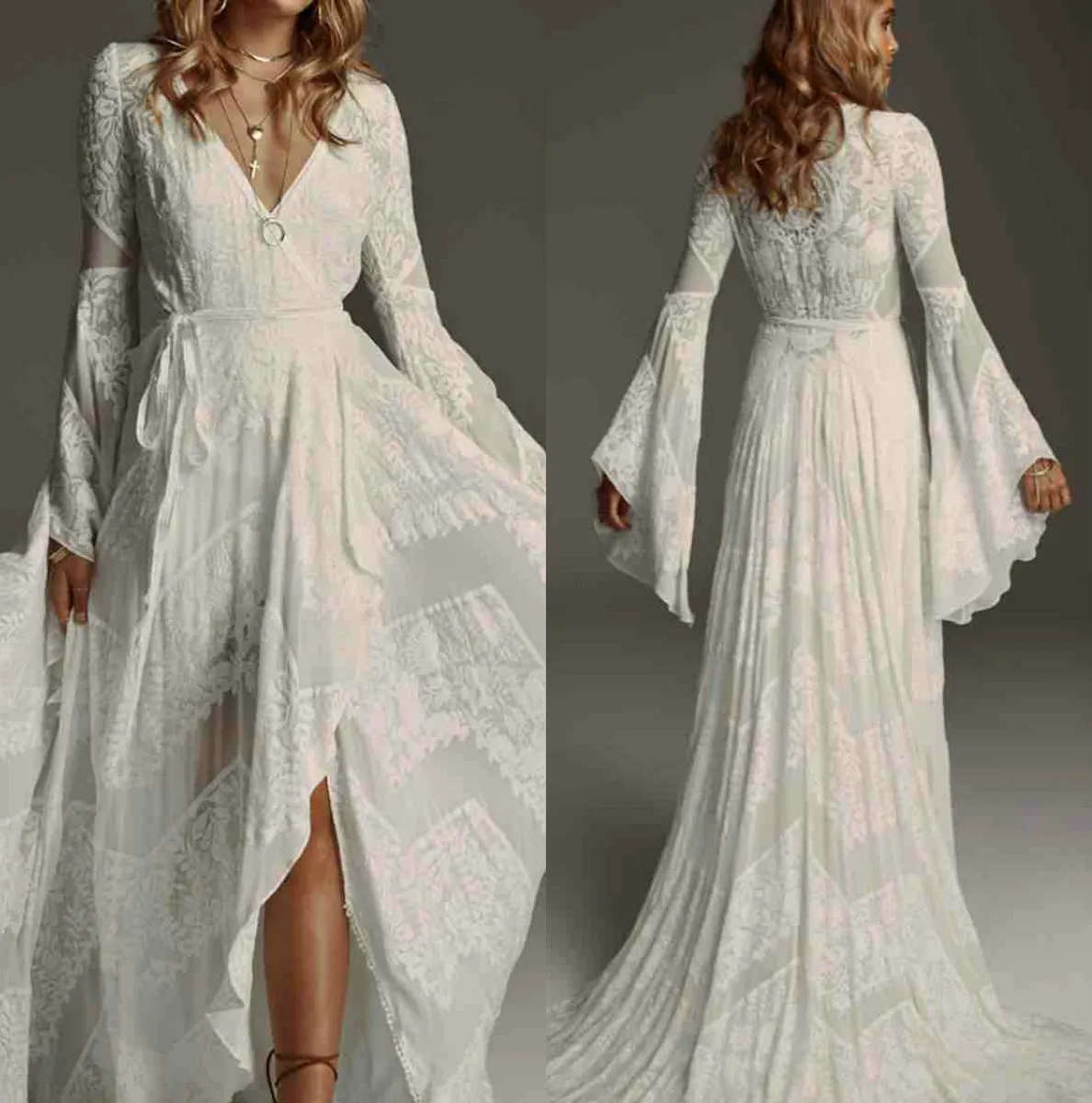 Elegante Bohemain-Hochzeitskleider mit V-Ausschnitt, Spitze, Brautkleider, bauschig, lange Ärmel, Boho-Strandhochzeitskleid, individuell, Übergröße