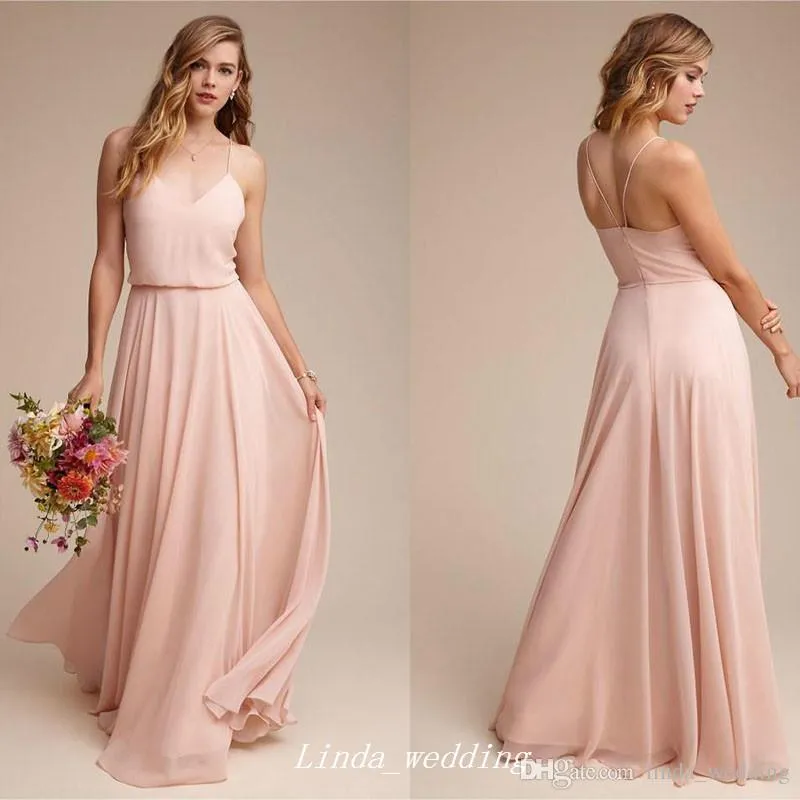 2019 Neuankömmling rückenfreies rosa formelles Brautjungfernkleid Günstiges V-Ausschnitt mit langen Spaghettiträgern Chiffon Trauzeugin Kleid Plus Size nach Maß