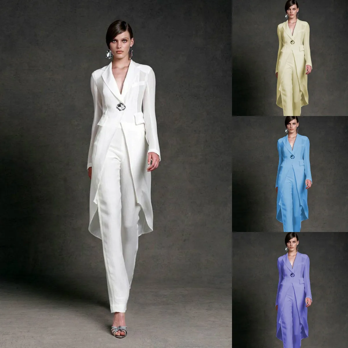 Podstawowe sukienki swobodne Jumpsuits 2019 Mother of the Bride V Neck Pant Suits Weddne suknie gości z kurtkami z długim rękawem szyfon