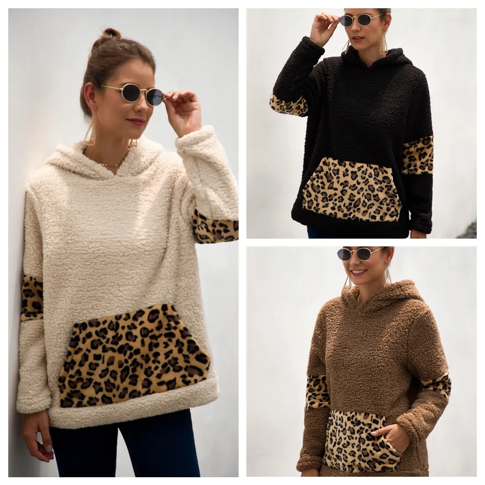 Frauen Patchwork Pullover Langarm Reißverschluss Sherpa Leopard Sweatshirt Soft-Fleece mit Kapuze Outwear mit Taschen Tops Hoodiemantel LJJA3149