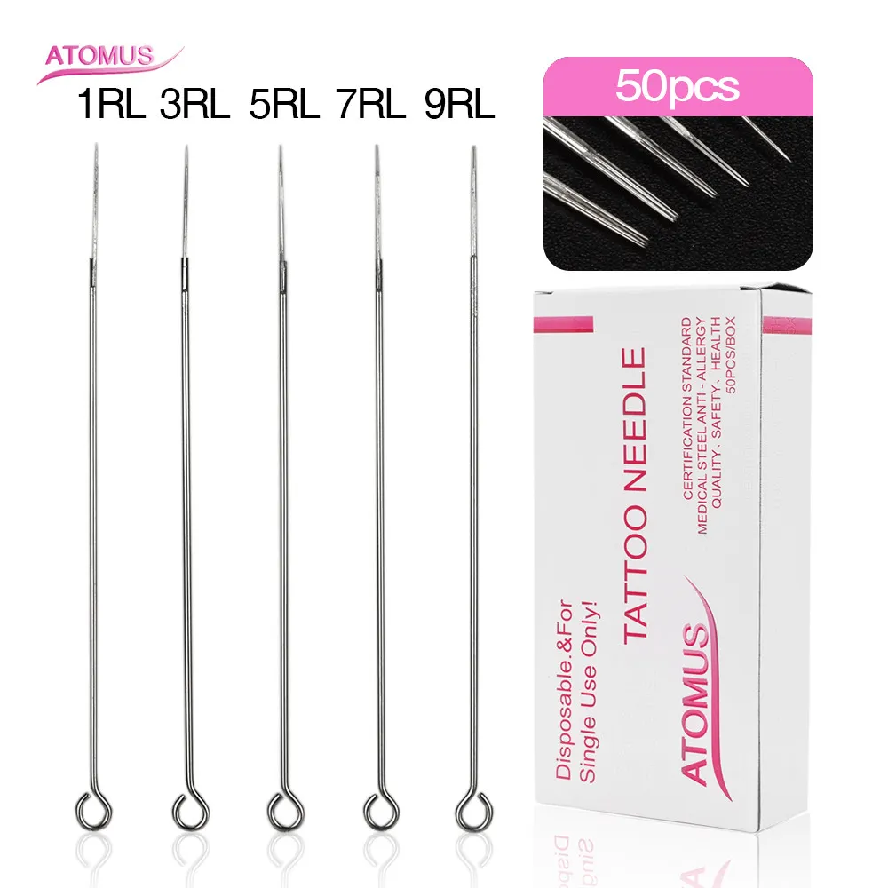 50pcs Tattoo Needle 1/3/5/7/9 RL 혼합 일회용 무균 바디 아트 문신 공급 일회용 무균 바디 아트 문신 공급