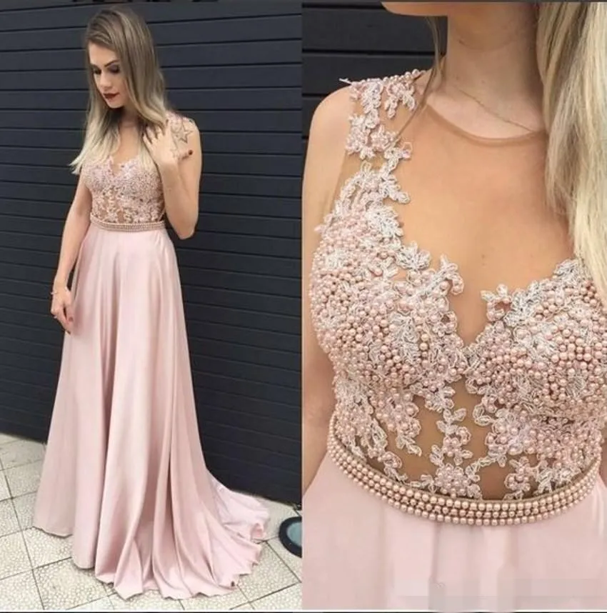 Blush Pink Prom Dresses Beaded Pearls Sheer Neck Jewel Sweep Train Lace Appliqued Formal Evening Gown Custom Made 403