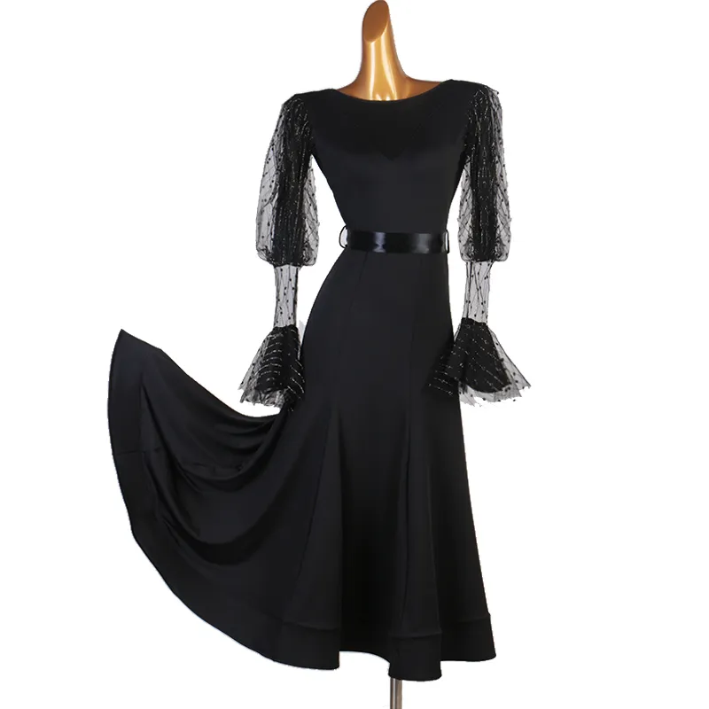 Schwarze Ballsaal-Tanzkleider für Damen, Walzerkleid mit Fransen, Standard-Ballsaalkleid, glänzende Spitze, lange Ärmel, Kostüme, Rumba lang