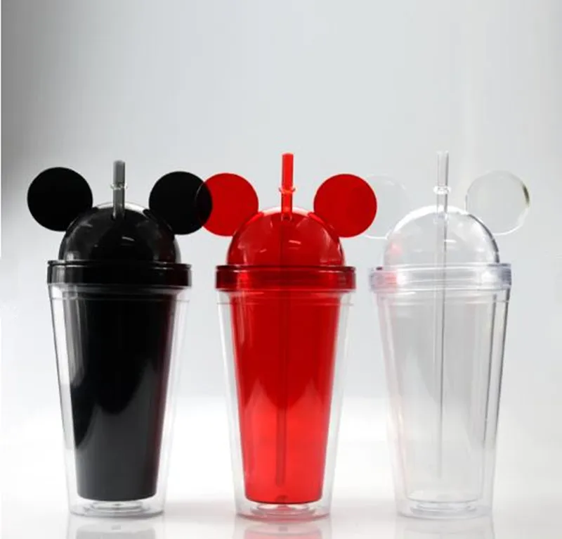 8Colors Mouse Ear Tumbler 15 unh Acrylic Tumbler z Kopuła Dwie ściany Wyczyść plastikowe kubki z kolorowym słomy letnim napój kubek