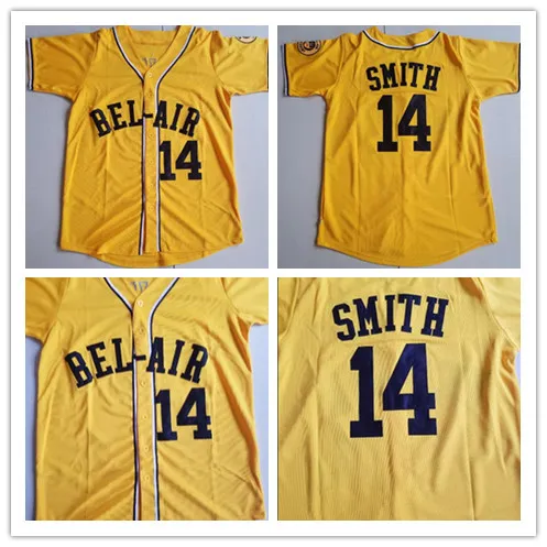 Will Smith # 14 Academia Bel-Air College Camisolas De Beisebol Homens Costurados O Novo Príncipe De Bel-Air Filme Camisas Camisas Amarelo