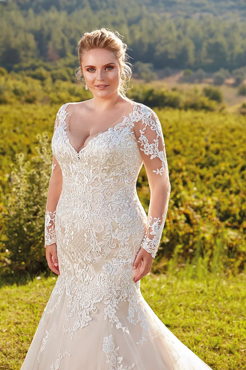 Custom Plus Size Amazon Mermaid Wedding Dresses with V-Neck, Lace Applique, Button Back, and Long Sleeves by Eddie K