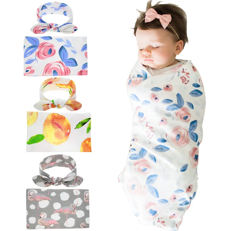 Pasgeboren baby Swaddling dekens met konijnoorhoofdbanden Baby Floral Swaddle Wrap Deken Haarbandset Katoenfolie Doek