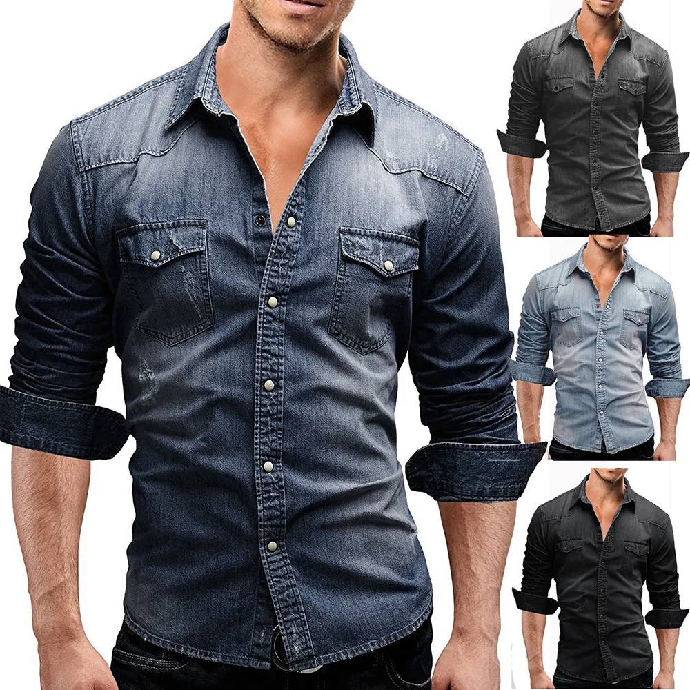 Tasarımcı erkek gömlek denim yeni moda basit ince uygun gündelik yıkama mavi uzun kollu Kargo kot gömlek Chemise Homme artı boyutu M-3XL cebe