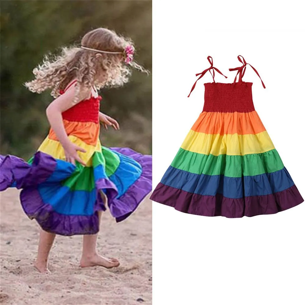 2019 été nouveaux enfants filles arc-en-ciel robe à rayures enfants robes de princesse sans manches