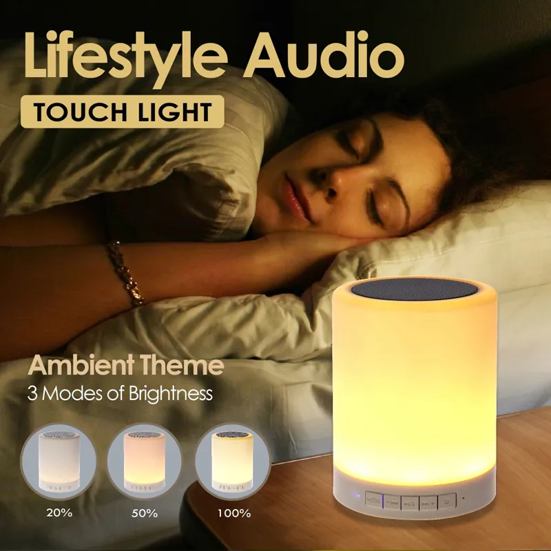 Luz noturna com alto-falantes Bluetooth Alto-falante portátil sem fio Controle de toque Cor LED Candeeiro de mesa de cabeceira