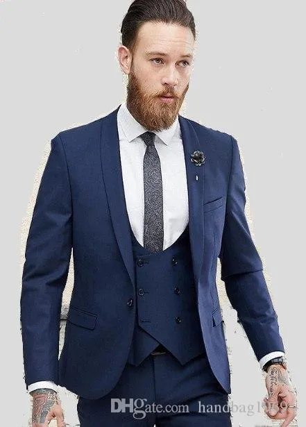 Alta Qualidade um botão Ternos de casamento azul Noivo Smoking xaile lapela Groomsmen melhor homem dos homens (jaqueta + calça + Vest + Tie) D: 171