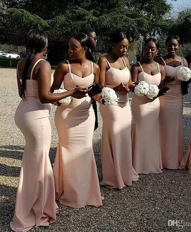 Nya ankomst Sydafrikanska rygglösa brudtärklänningar för sommarbröllop sjöjungfru Spaghetti Straps Maid of Honor -klänningar plus storlek HH284