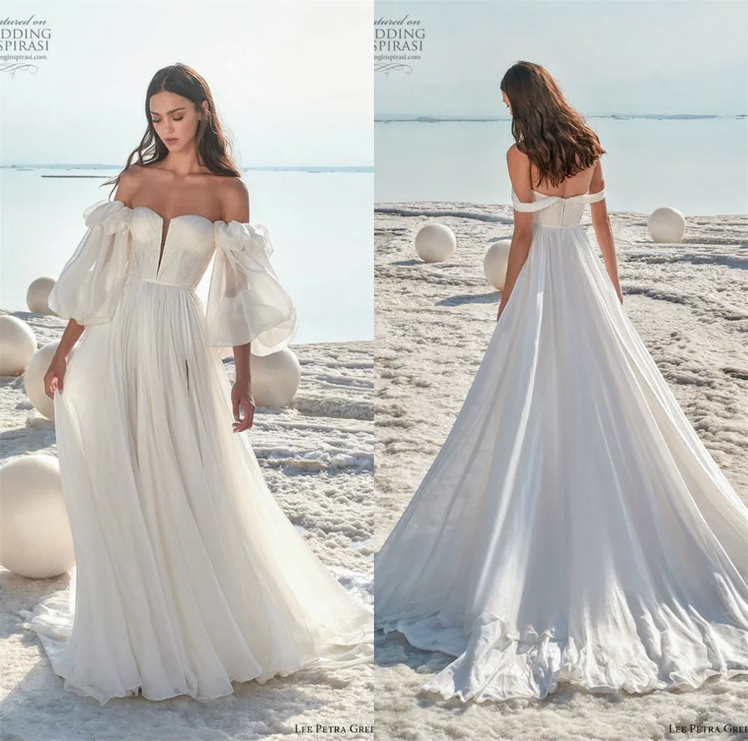 2020 Elegante A-Linie Brautkleider Bateau High-Split 1/2 Ärmel Spitze Chiffon Gericht Zug Brautkleid nach Maß Vestidos De Novia