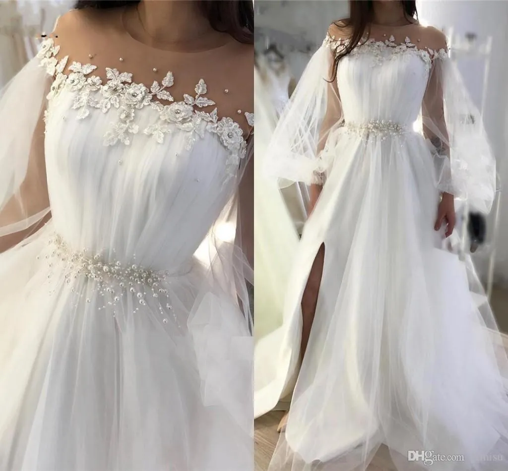 ロマンチックなアラビアのウェディングドレス長袖シアーネックサイドスプリットアップリケ真珠ビーズ国Wedding Bridal Gowns Vestidos de Novia