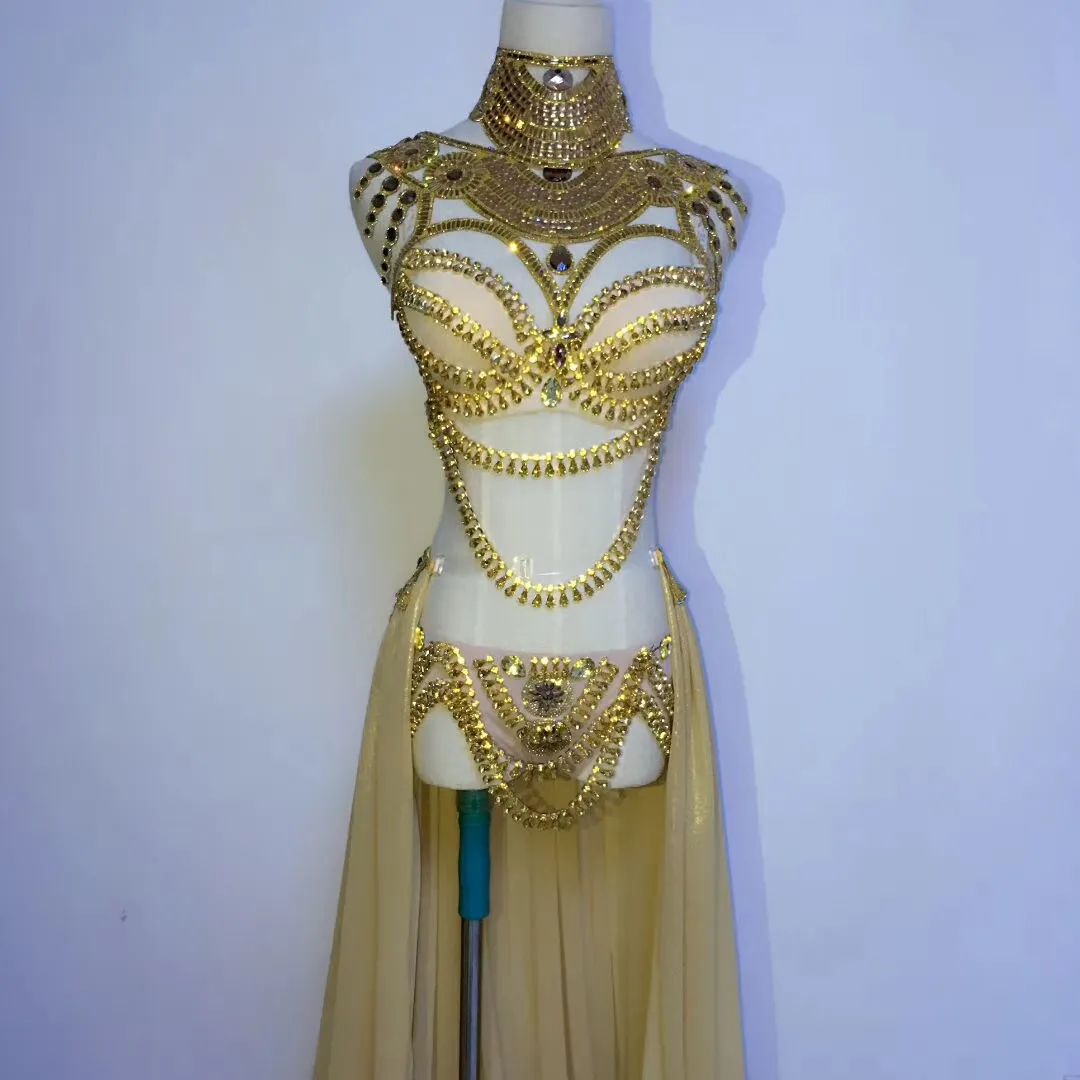 2019 Red Stage Wear Prom Sexy Sequin Gold Rhinestone Outfit Bra