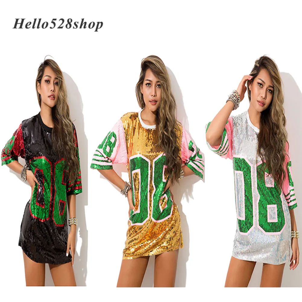 Hello528shop Fashion Pink 08 Hip Hop Dance Sequin Mini Dresses Performance Fancy Dress Costume Stage Long T-shirt Women Shirts