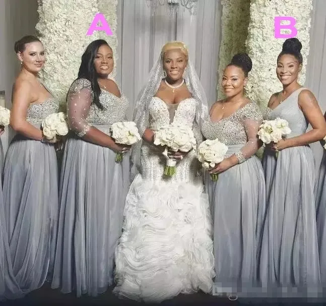 Afrikaanse Plus Size Bruidsmeisjes Jurken Lange Mouwen Eén Schouder Maid of Honour Jurk Kralen Pailletten Twee stijlen Bruiloft Jurk