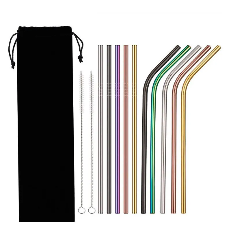 Stainless Steel Straws Reusable Straight Bent 8.5"/10.5" Metal Drinking Straw Cleaner Brush Party Bar Accessory MMA1886