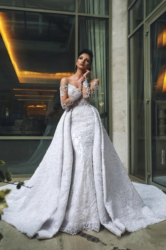 Dubai Arabic Luxury Off Shoulder Mermaid Wedding Dresses With Detachable Train Long Sleeves Lace Applique Beaded Wedding Dress Bri190k