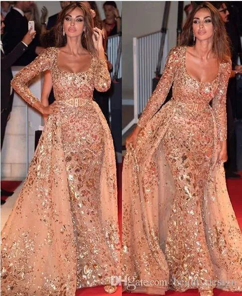 2020 luxe arabe à manches longues robes de soirée avec jupe détachable encolure dégagée paillettes moyen-orient bal formelle robes de soirée Pageant