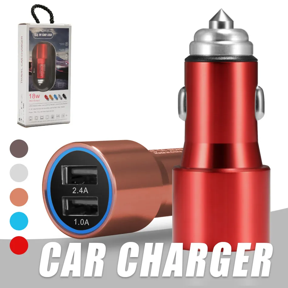 Car Charger liga de alumínio Dual USB Car Charger Segurança Martelo 5V 2.1A para iPhone Samsung Xiaomi Sony Huawei com Packge