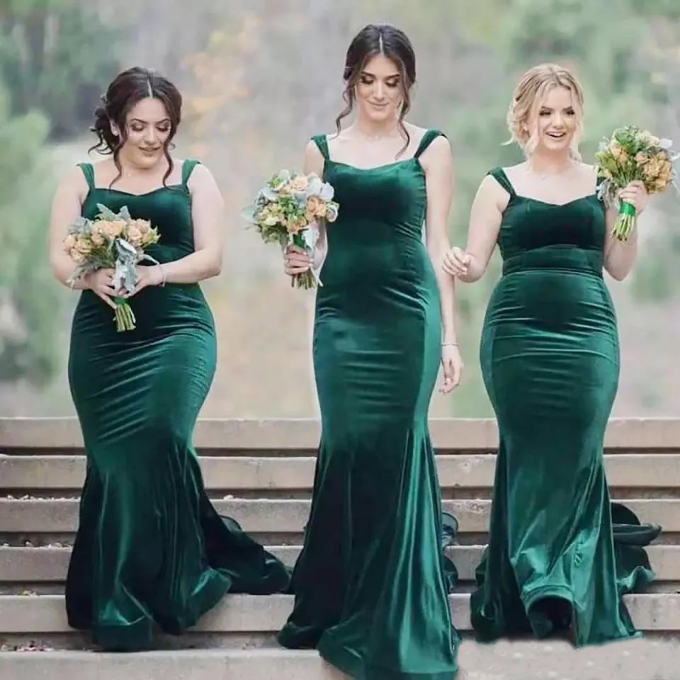 Emerald Green Velvet Bridesmaid Dress Long Mermaid Straps Maids Hederklänningar med Sweep Train Party Cocktail Klänningar för Kvinnor BD9000