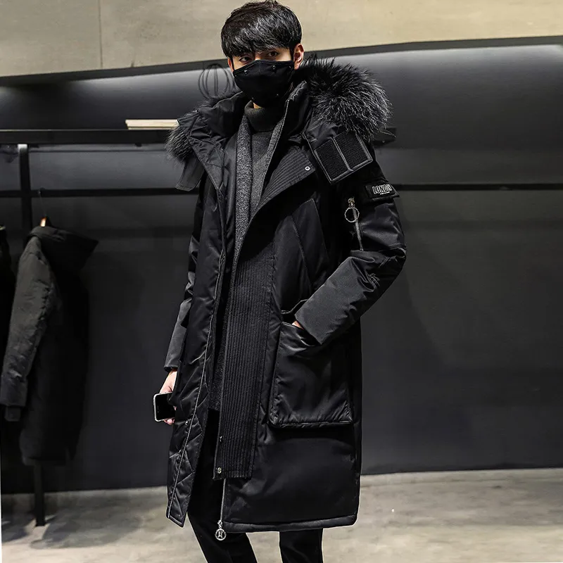 Inverno espessado joelho para baixo jaqueta casaco masculino mais longo inverno roupas tendência colarinho de pele grande jaqueta ferramental