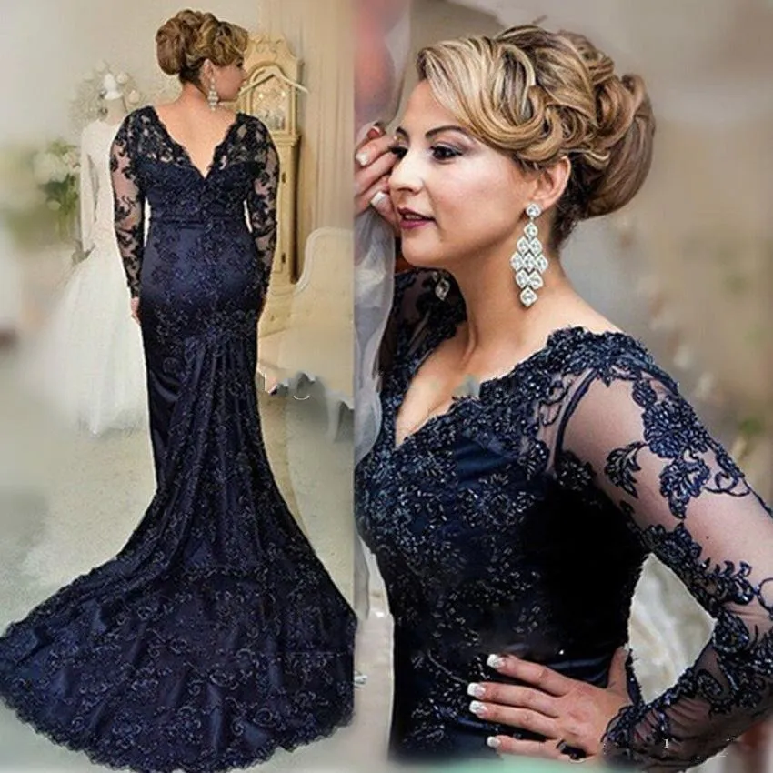 Plus Size manica lunga in pizzo blu navy abiti per la madre della sposa 2019 scollo a V perline abiti da sera per feste da donna abiti da sposa